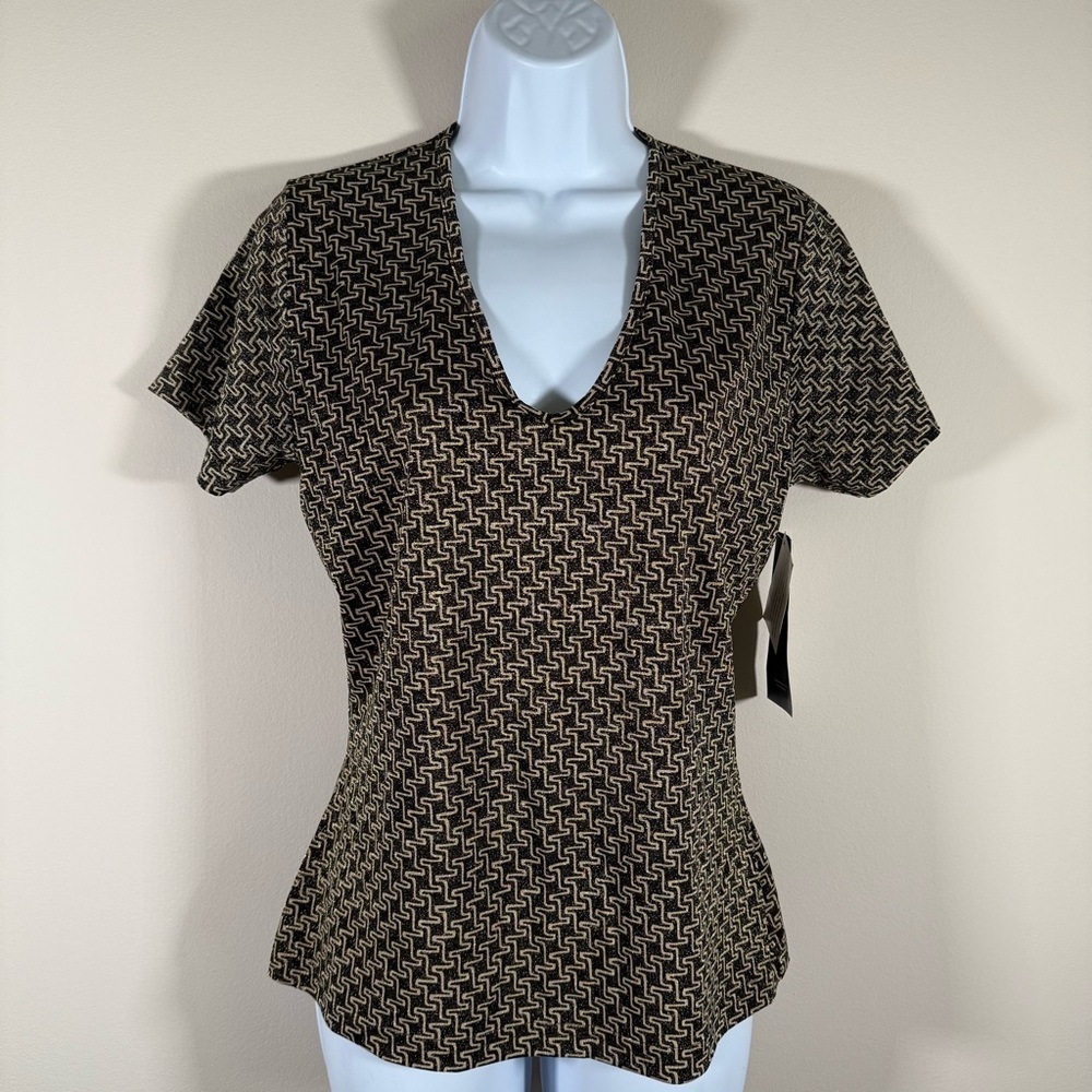 NWT Karen Kane Geometric Sparkly Brown Gold Short Sleeve V-Neck T-Shirt Top M